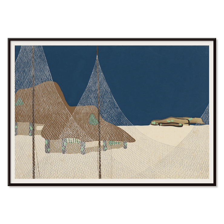 Ryoson by Kamisaka Sekka depicting a coastal scene with fishing nets and mountains Poster of Ryoson by Kamisaka Sekka depicting net-covered structures with a blue sky background and a landscape scene