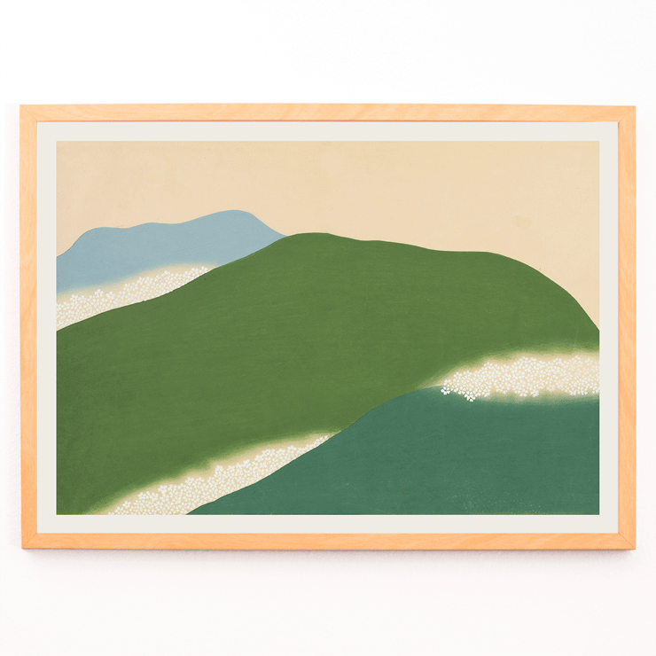 Pintura de paisaje con colinas verdes y azules de Kamisaka Sekka titulada Yoshino Póster presenta un paisaje abstracto con colinas verdes y azules Yoshino de Kamisaka Sekka