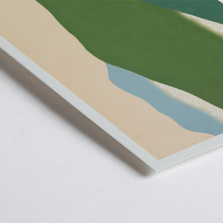 Pintura de paisaje con colinas verdes y azules de Kamisaka Sekka titulada Yoshino Póster presenta un paisaje abstracto con colinas verdes y azules Yoshino de Kamisaka Sekka