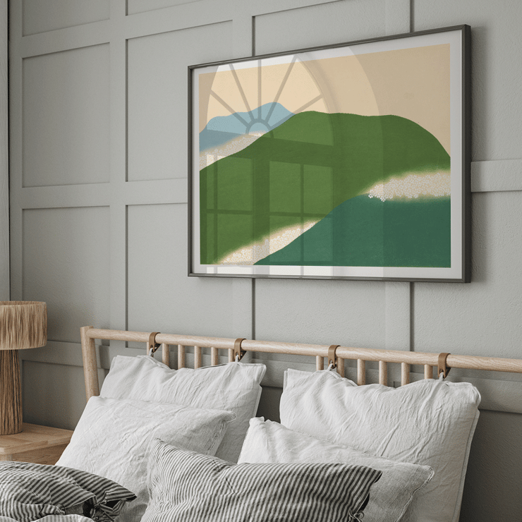 Pintura de paisaje con colinas verdes y azules de Kamisaka Sekka titulada Yoshino Póster presenta un paisaje abstracto con colinas verdes y azules Yoshino de Kamisaka Sekka
