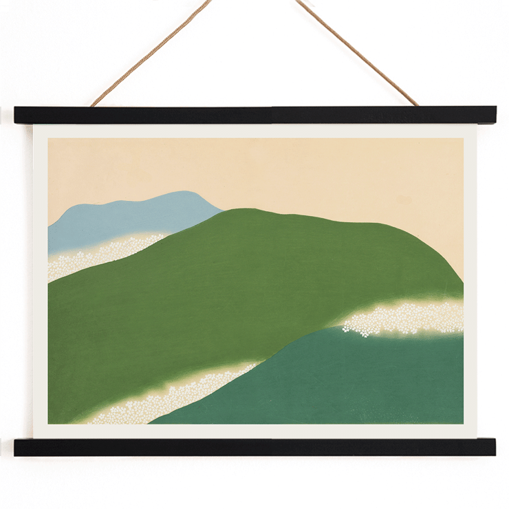 Pintura de paisaje con colinas verdes y azules de Kamisaka Sekka titulada Yoshino Póster presenta un paisaje abstracto con colinas verdes y azules Yoshino de Kamisaka Sekka