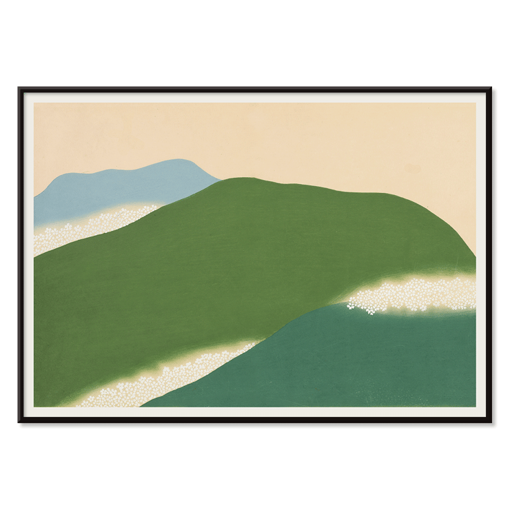 Pintura de paisaje con colinas verdes y azules de Kamisaka Sekka titulada Yoshino Póster presenta un paisaje abstracto con colinas verdes y azules Yoshino de Kamisaka Sekka