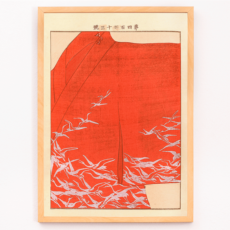 Seikō Ueno artwork Yachigusa v. 15 Pl.23 featuring white birds on red background. Poster of Yachigusa v. 15, Pl. 23 by Seikō Ueno depicting white birds flying against a vibrant red background.