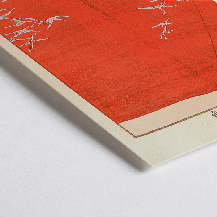 Seikō Ueno artwork Yachigusa v. 15 Pl.23 featuring white birds on red background. Poster of Yachigusa v. 15, Pl. 23 by Seikō Ueno depicting white birds flying against a vibrant red background.