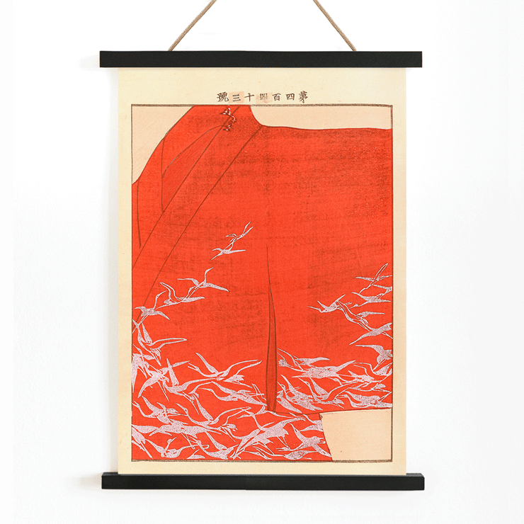Seikō Ueno artwork Yachigusa v. 15 Pl.23 featuring white birds on red background. Poster of Yachigusa v. 15, Pl. 23 by Seikō Ueno depicting white birds flying against a vibrant red background.