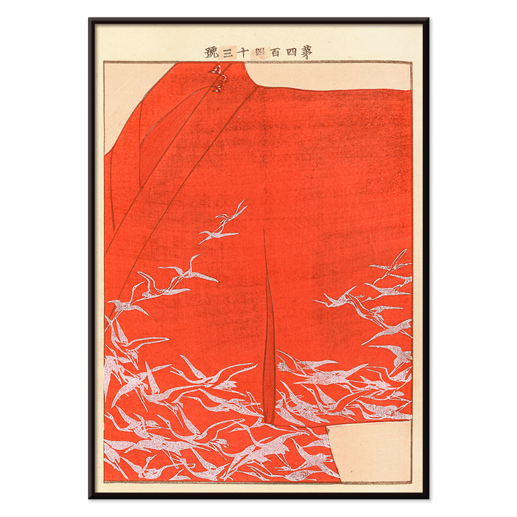 Seikō Ueno artwork Yachigusa v. 15 Pl.23 featuring white birds on red background. Poster of Yachigusa v. 15, Pl. 23 by Seikō Ueno depicting white birds flying against a vibrant red background.