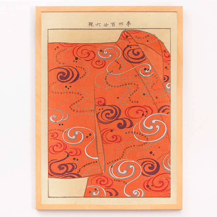 Swirling orange kimono design Yachigusa v 15 Pl 06 by Seikō Ueno Poster of orange kimono with swirling patterns titled Yachigusa v. 15 Pl.06 by Seikō Ueno