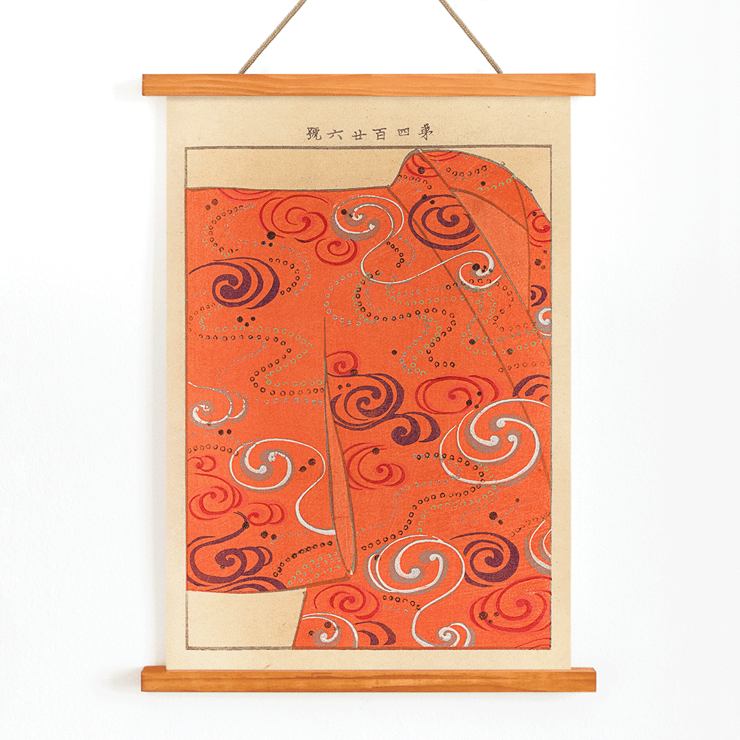 Swirling orange kimono design Yachigusa v 15 Pl 06 by Seikō Ueno Poster of orange kimono with swirling patterns titled Yachigusa v. 15 Pl.06 by Seikō Ueno
