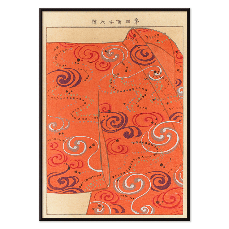 Swirling orange kimono design Yachigusa v 15 Pl 06 by Seikō Ueno Poster of orange kimono with swirling patterns titled Yachigusa v. 15 Pl.06 by Seikō Ueno