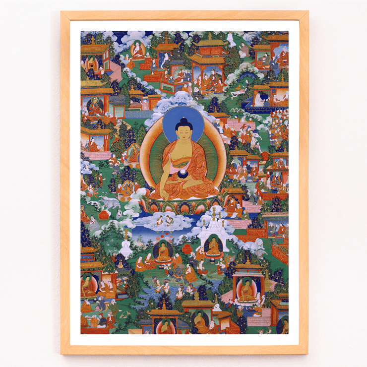 Shakyamuni Buddha in Avadana Legend Scenes painting depicting various life events and teachings Poster showing Shakyamuni Buddha in Avadana Legend Scenes surrounded by various figures in a vibrant and detailed illustration