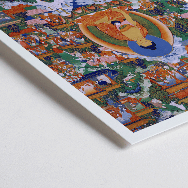 Shakyamuni Buddha in Avadana Legend Scenes painting depicting various life events and teachings Poster showing Shakyamuni Buddha in Avadana Legend Scenes surrounded by various figures in a vibrant and detailed illustration
