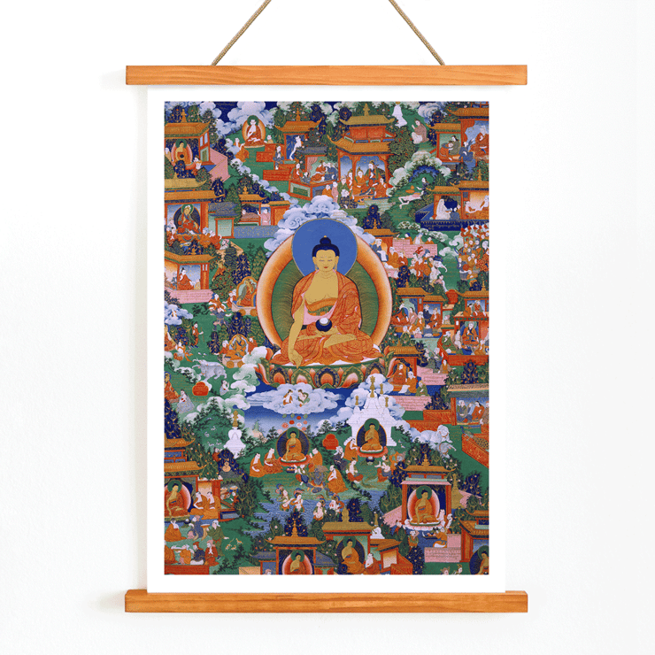 Shakyamuni Buddha in Avadana Legend Scenes painting depicting various life events and teachings Poster showing Shakyamuni Buddha in Avadana Legend Scenes surrounded by various figures in a vibrant and detailed illustration