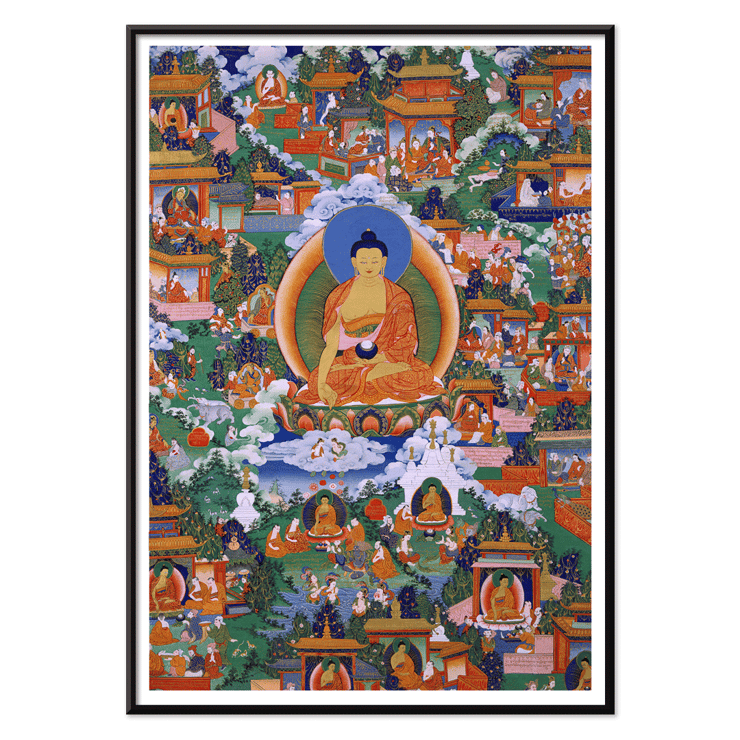Shakyamuni Buddha in Avadana Legend Scenes painting depicting various life events and teachings Poster showing Shakyamuni Buddha in Avadana Legend Scenes surrounded by various figures in a vibrant and detailed illustration