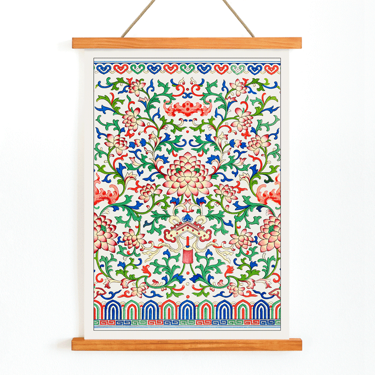 Affiche botanique présentant des motifs floraux complexes et des couleurs vibrantes de l'œuvre Exemples d'ornement chinois d'Owen Jones