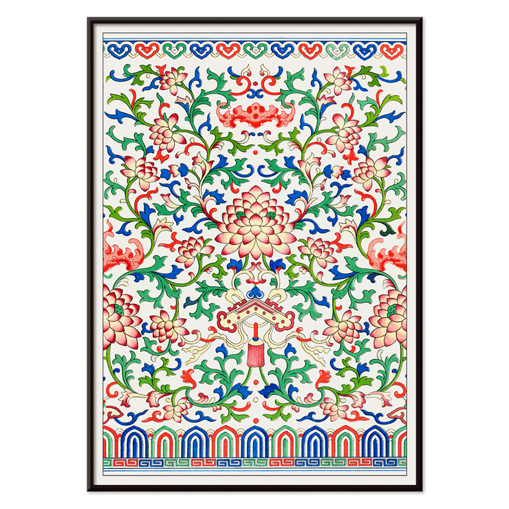 Affiche botanique présentant des motifs floraux complexes et des couleurs vibrantes de l'œuvre Exemples d'ornement chinois d'Owen Jones