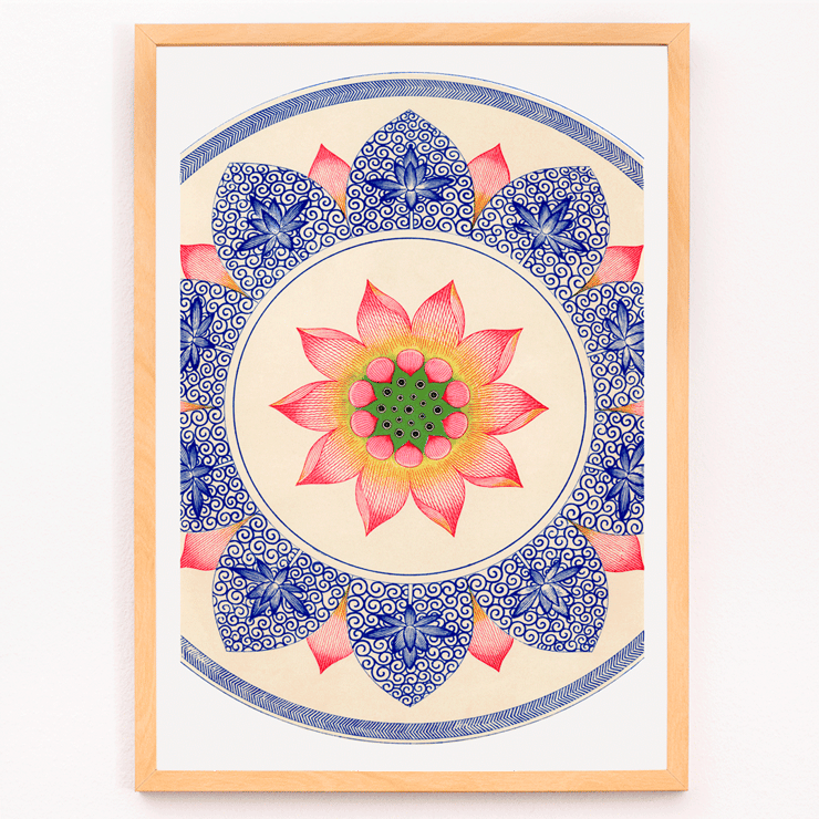 Pink floral pattern from Examples of Chinese Ornament by Owen Jones Poster featuring Pink floral pattern from Examples of Chinese Ornament by Owen Jones with intricate blue and red designs