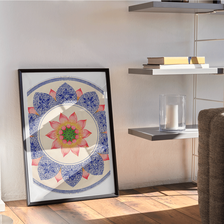 Pink floral pattern from Examples of Chinese Ornament by Owen Jones Poster featuring Pink floral pattern from Examples of Chinese Ornament by Owen Jones with intricate blue and red designs