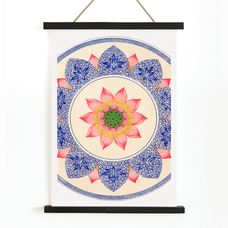 Pink floral pattern from Examples of Chinese Ornament by Owen Jones Poster featuring Pink floral pattern from Examples of Chinese Ornament by Owen Jones with intricate blue and red designs