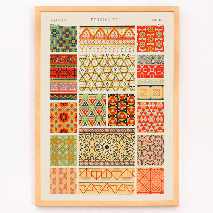 Persian 2 vintage pattern from Grammar of Ornament book by Owen Jones depicting intricate geometric designs and vibrant colors Poster displaying Persian 2 vintage pattern from Grammar of Ornament book by Owen Jones featuring colorful geometric designs.