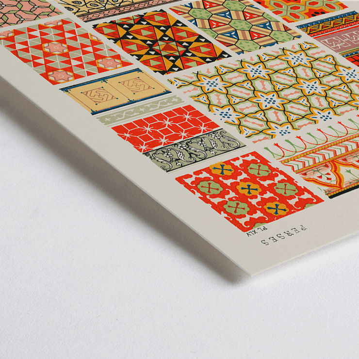 Persian 2 vintage pattern from Grammar of Ornament book by Owen Jones depicting intricate geometric designs and vibrant colors Poster displaying Persian 2 vintage pattern from Grammar of Ornament book by Owen Jones featuring colorful geometric designs.