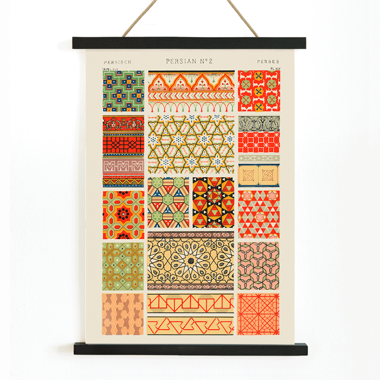 Persian 2 vintage pattern from Grammar of Ornament book by Owen Jones depicting intricate geometric designs and vibrant colors Poster displaying Persian 2 vintage pattern from Grammar of Ornament book by Owen Jones featuring colorful geometric designs.