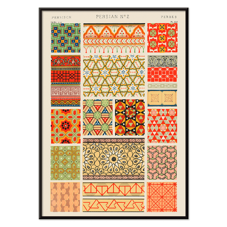 Persian 2 vintage pattern from Grammar of Ornament book by Owen Jones depicting intricate geometric designs and vibrant colors Poster displaying Persian 2 vintage pattern from Grammar of Ornament book by Owen Jones featuring colorful geometric designs.