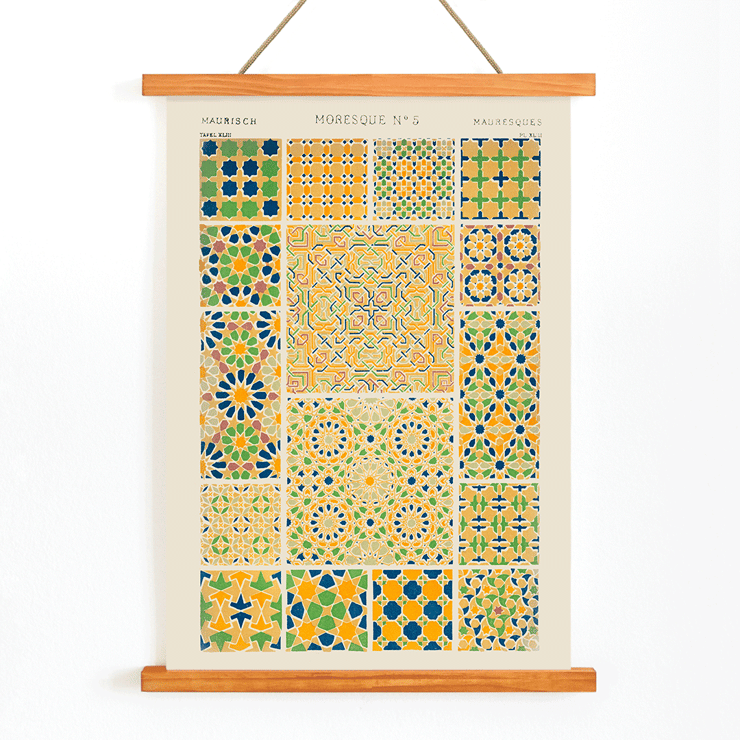 Moresque 5 Vintage-Muster von Owen Jones mit komplizierten geometrischen Designs und lebendigen Farben Poster des Vintage-Musters Moresque 5 aus dem Buch „Grammar of Ornament“ von Owen Jones mit farbenfrohen geometrischen Kacheldesigns