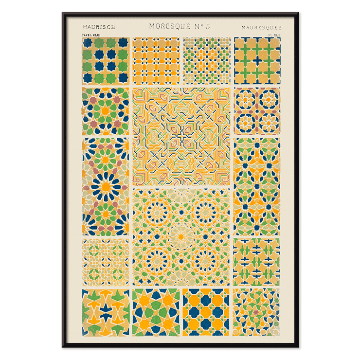 Moresque 5 Vintage-Muster von Owen Jones mit komplizierten geometrischen Designs und lebendigen Farben Poster des Vintage-Musters Moresque 5 aus dem Buch „Grammar of Ornament“ von Owen Jones mit farbenfrohen geometrischen Kacheldesigns