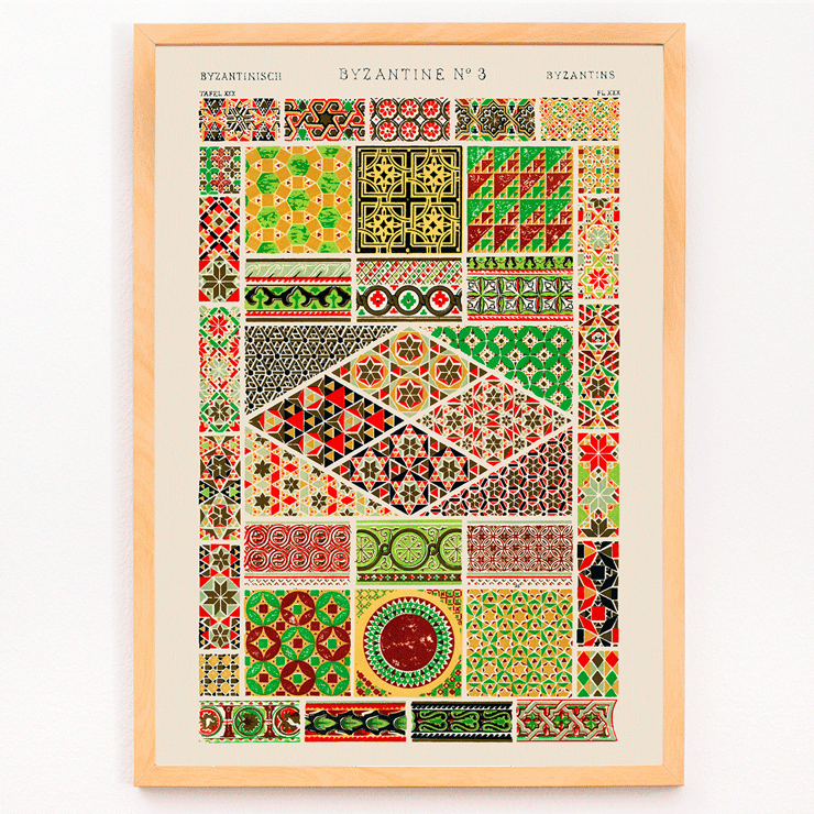 Byzantinisches 3-Vintage-Muster-Kunstwerk von Owen Jones aus dem Buch „Grammar of Ornament“ Poster des byzantinischen 3-Vintage-Musters aus dem Buch „Grammar of Ornament“ von Owen Jones mit farbenfrohen und komplizierten geometrischen Designs.