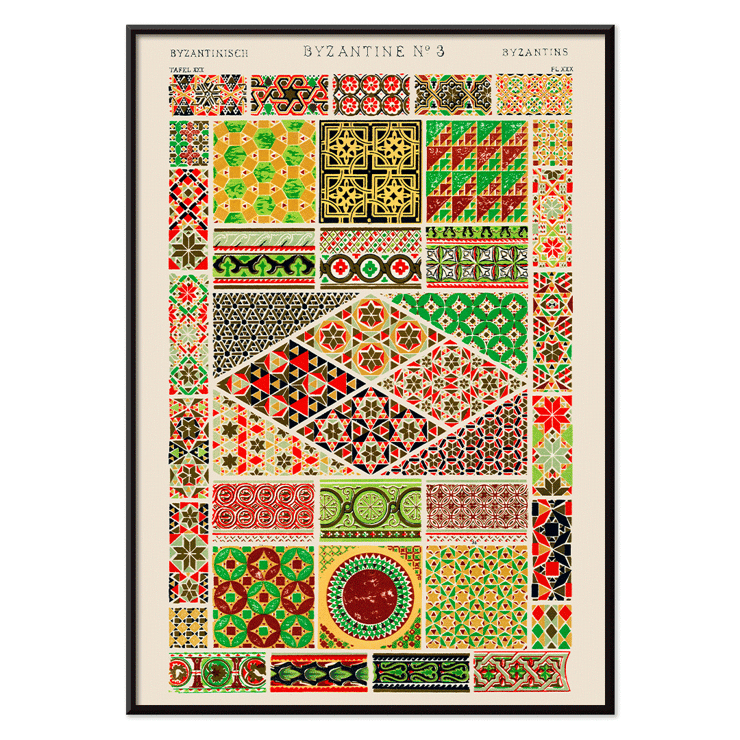 Byzantinisches 3-Vintage-Muster-Kunstwerk von Owen Jones aus dem Buch „Grammar of Ornament“ Poster des byzantinischen 3-Vintage-Musters aus dem Buch „Grammar of Ornament“ von Owen Jones mit farbenfrohen und komplizierten geometrischen Designs.