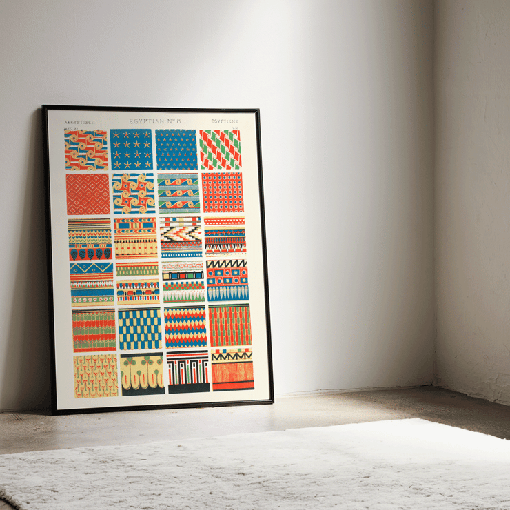 Patrones egipcios decorativos de Owen Jones del libro Century Grammar of Ornament Póster muestra patrones egipcios vibrantes de la obra de arte Egyptian 8 de Owen Jones del libro Century Grammar of Ornament