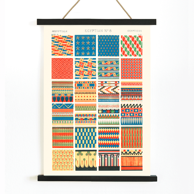 Patrones egipcios decorativos de Owen Jones del libro Century Grammar of Ornament Póster muestra patrones egipcios vibrantes de la obra de arte Egyptian 8 de Owen Jones del libro Century Grammar of Ornament