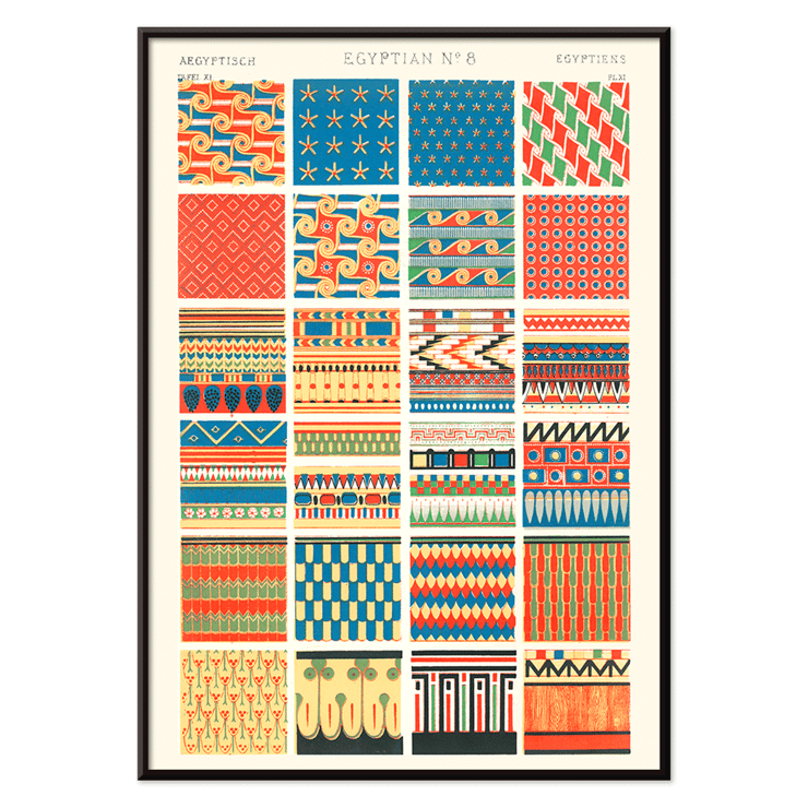 Patrones egipcios decorativos de Owen Jones del libro Century Grammar of Ornament Póster muestra patrones egipcios vibrantes de la obra de arte Egyptian 8 de Owen Jones del libro Century Grammar of Ornament
