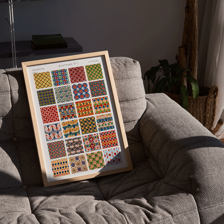 Colorful Egyptian geometric patterns by Owen Jones titled Egyptian 7 from Century Grammar of Ornament book Poster showcasing vibrant Egyptian geometric patterns from the artwork Egyptian 7 by Owen Jones in Century Grammar of Ornament book.