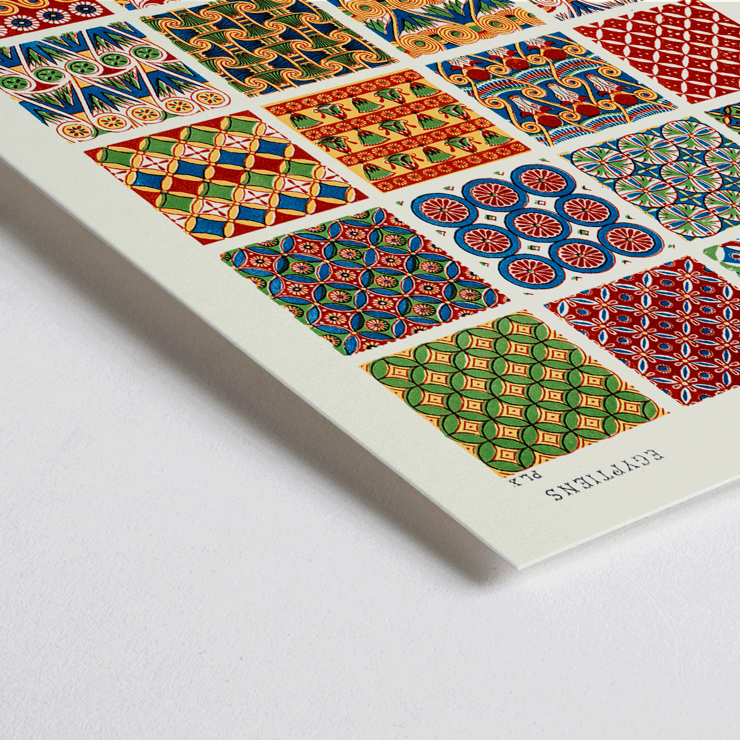 Colorful Egyptian geometric patterns by Owen Jones titled Egyptian 7 from Century Grammar of Ornament book Poster showcasing vibrant Egyptian geometric patterns from the artwork Egyptian 7 by Owen Jones in Century Grammar of Ornament book.