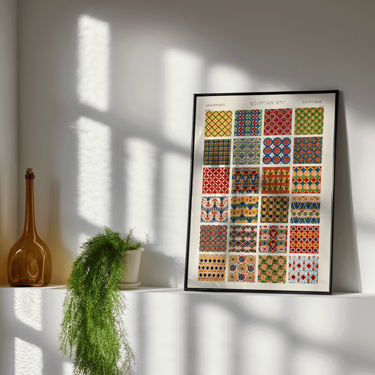 Colorful Egyptian geometric patterns by Owen Jones titled Egyptian 7 from Century Grammar of Ornament book Poster showcasing vibrant Egyptian geometric patterns from the artwork Egyptian 7 by Owen Jones in Century Grammar of Ornament book.