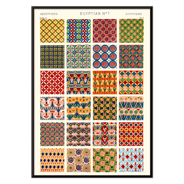 Colorful Egyptian geometric patterns by Owen Jones titled Egyptian 7 from Century Grammar of Ornament book Poster showcasing vibrant Egyptian geometric patterns from the artwork Egyptian 7 by Owen Jones in Century Grammar of Ornament book.