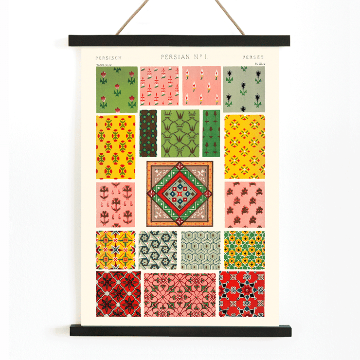 Colorful geometric Persian patterns by Owen Jones Persian 1 from Century Grammar of Ornament book Poster featuring various colorful Persian patterns from the artwork Persian 1 from the Century Grammar of Ornament book by Owen Jones