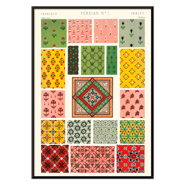 Colorful geometric Persian patterns by Owen Jones Persian 1 from Century Grammar of Ornament book Poster featuring various colorful Persian patterns from the artwork Persian 1 from the Century Grammar of Ornament book by Owen Jones
