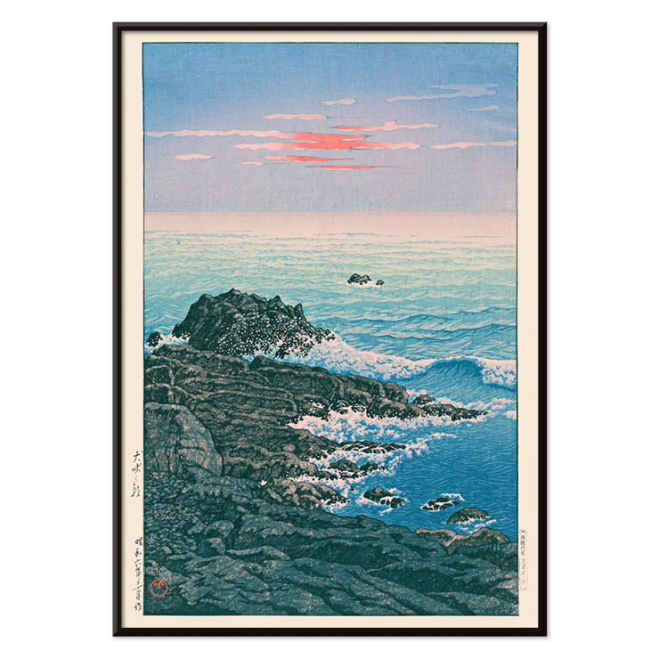 Seascape at dawn by Kawase Hasui Morning at Cape Inubō Poster of a coastal scene with waves crashing on rocky shore at sunrise titled Morning at Cape Inubo by Kawase Hasui.