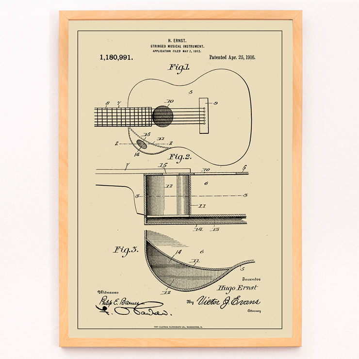 Musical Instrument Patent by H Ernst features detailed technical drawings of a stringed instrument. Poster of guitar patent illustrations titled Musical Instrument Patent by H Ernst showing detailed technical drawings
