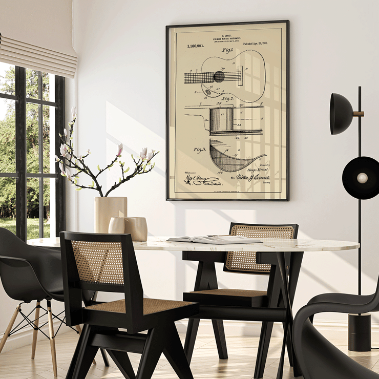 Musical Instrument Patent by H Ernst features detailed technical drawings of a stringed instrument. Poster of guitar patent illustrations titled Musical Instrument Patent by H Ernst showing detailed technical drawings