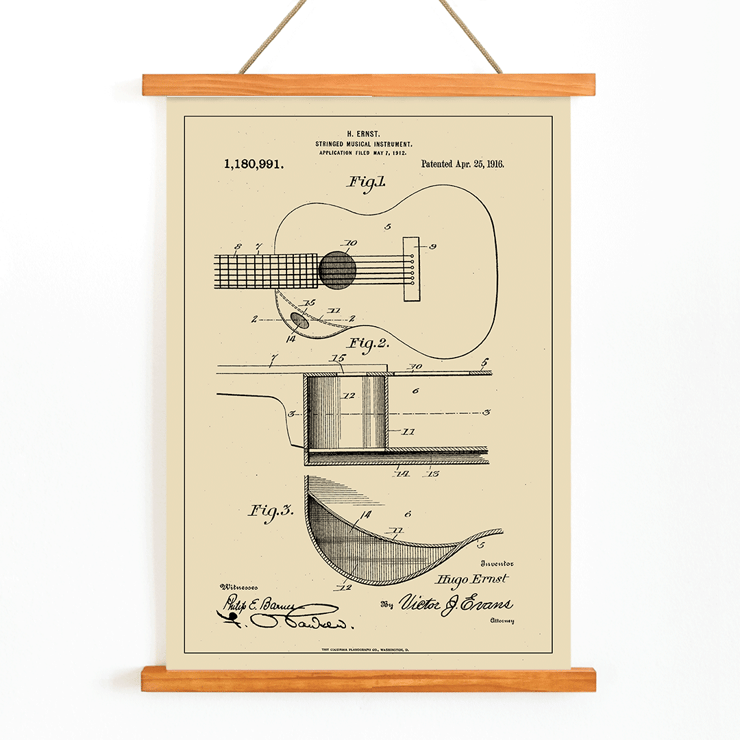 Musical Instrument Patent by H Ernst features detailed technical drawings of a stringed instrument. Poster of guitar patent illustrations titled Musical Instrument Patent by H Ernst showing detailed technical drawings
