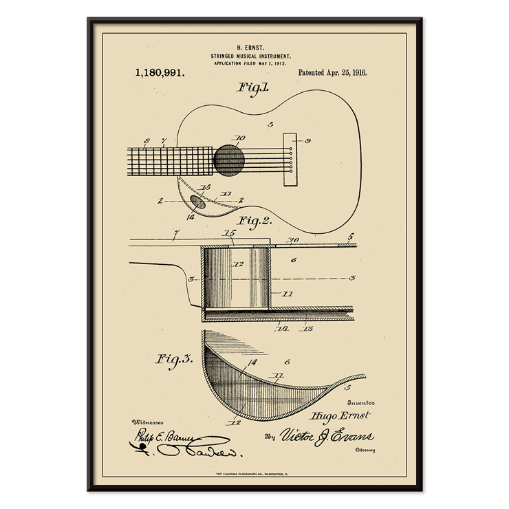 Musical Instrument Patent by H Ernst features detailed technical drawings of a stringed instrument. Poster of guitar patent illustrations titled Musical Instrument Patent by H Ernst showing detailed technical drawings