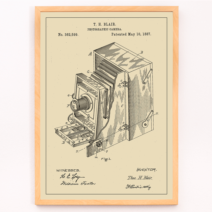 Antique camera diagram by T.H. Blair titled Photographic Camera Patent Poster illustrating a detailed patent drawing of a vintage photographic camera by TH Blair