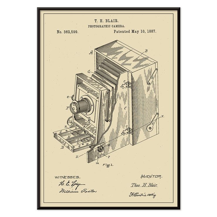 Antique camera diagram by T.H. Blair titled Photographic Camera Patent Poster illustrating a detailed patent drawing of a vintage photographic camera by TH Blair