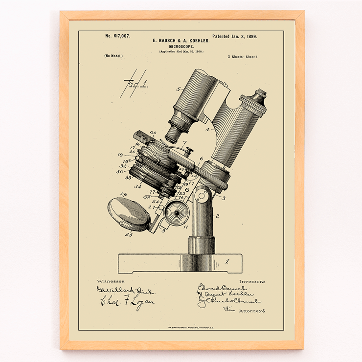 Detailed Illustration of Microscope Patent by E Bausch Poster showcasing a detailed drawing of a microscope patent by E Bausch titled Microscope Patent