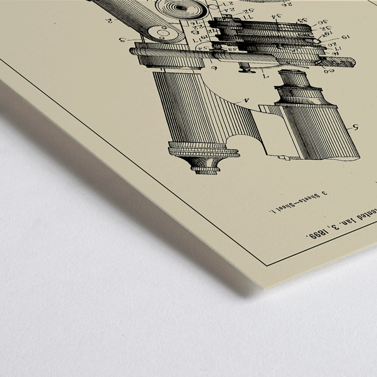 Detailed Illustration of Microscope Patent by E Bausch Poster showcasing a detailed drawing of a microscope patent by E Bausch titled Microscope Patent