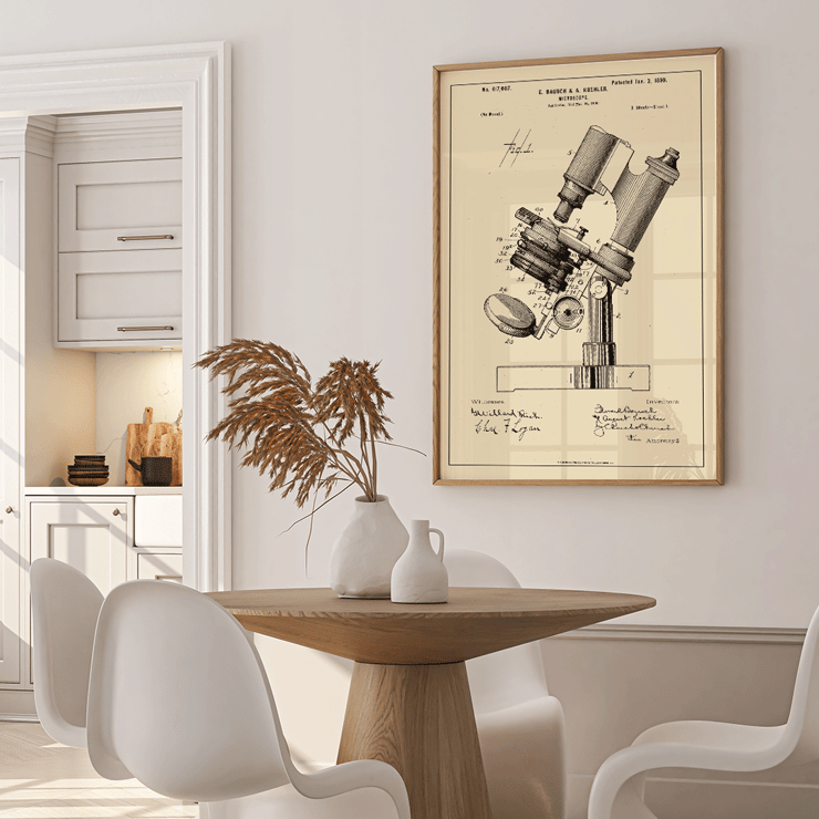 Detailed Illustration of Microscope Patent by E Bausch Poster showcasing a detailed drawing of a microscope patent by E Bausch titled Microscope Patent