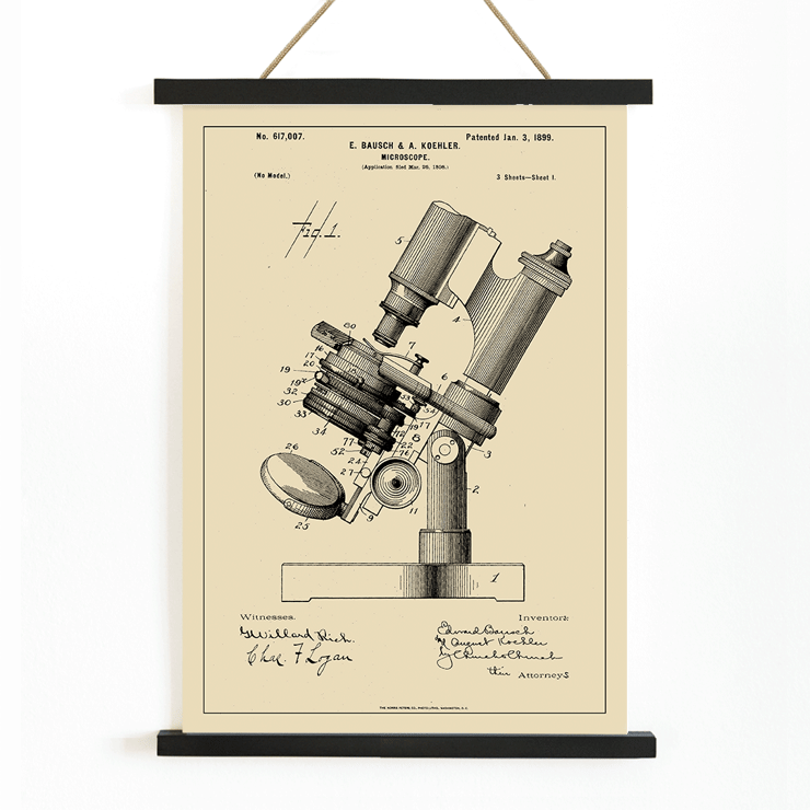 Detailed Illustration of Microscope Patent by E Bausch Poster showcasing a detailed drawing of a microscope patent by E Bausch titled Microscope Patent